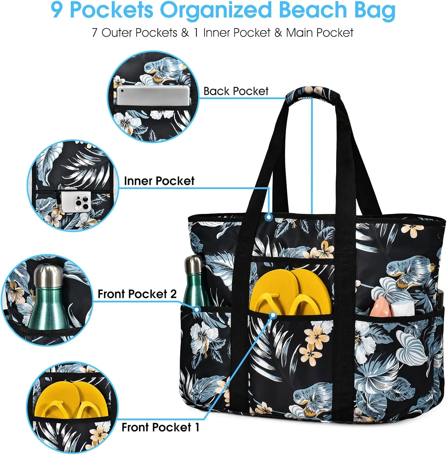 Becokan Beach Bags for Women Large Beach Tote Bag with Zipper Pockets Beach Bag Waterproof Sandproof Travel Nurse Tote Bag