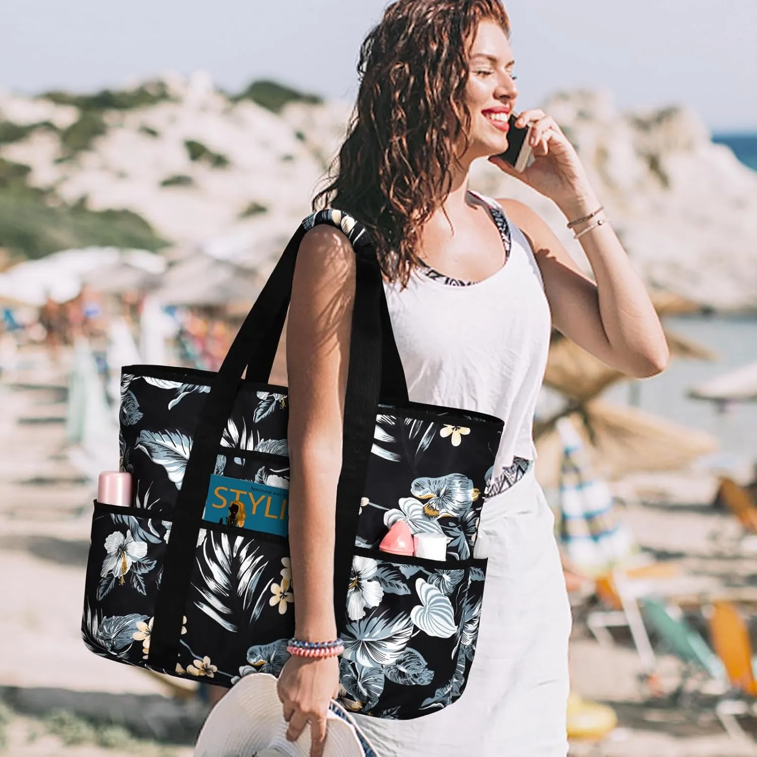 Becokan Beach Bags for Women Large Beach Tote Bag with Zipper Pockets Beach Bag Waterproof Sandproof Travel Nurse Tote Bag