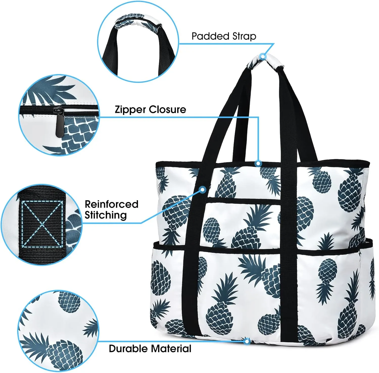 Becokan Beach Bags for Women Large Beach Tote Bag with Zipper Pockets Beach Bag Waterproof Sandproof Travel Nurse Tote Bag
