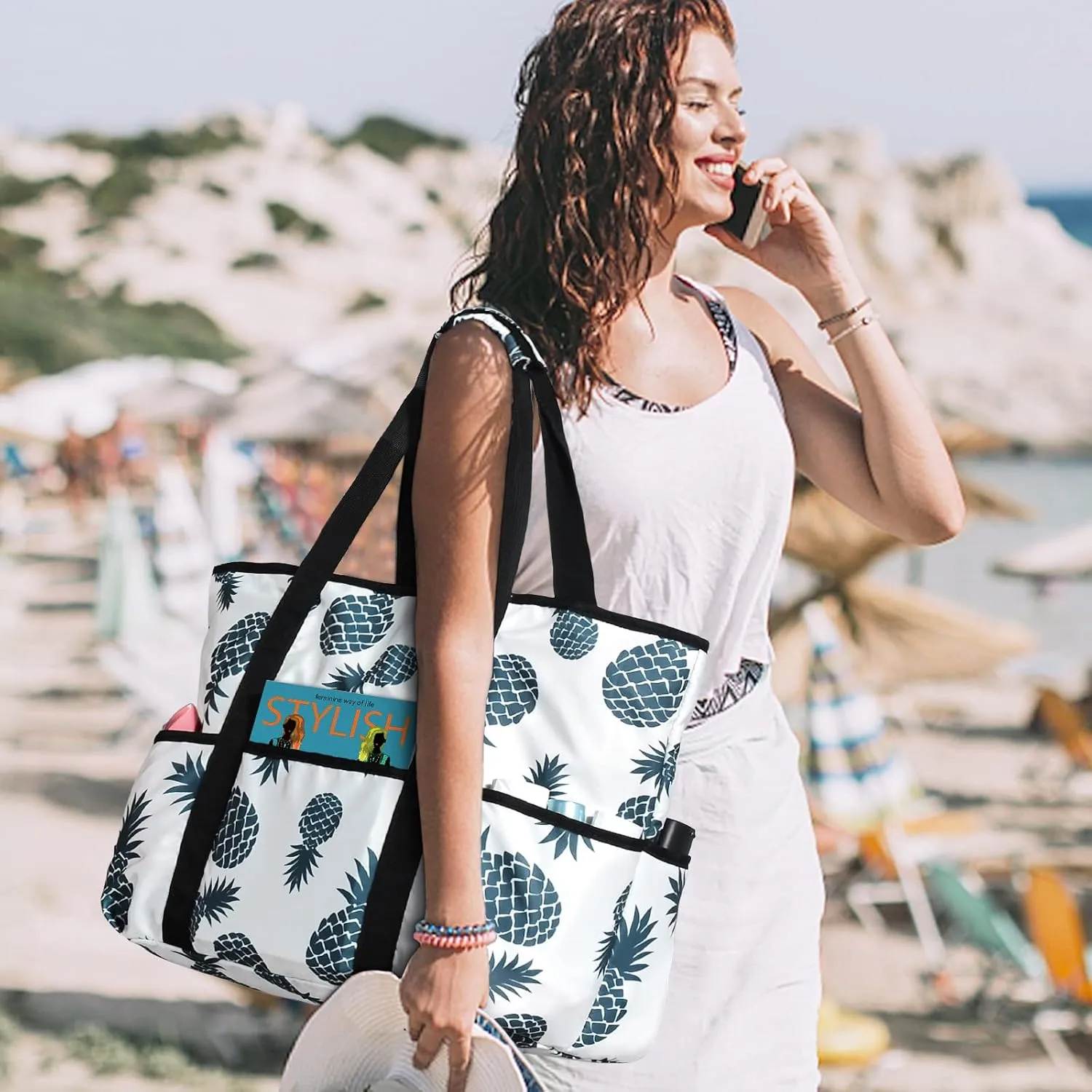 Becokan Beach Bags for Women Large Beach Tote Bag with Zipper Pockets Beach Bag Waterproof Sandproof Travel Nurse Tote Bag