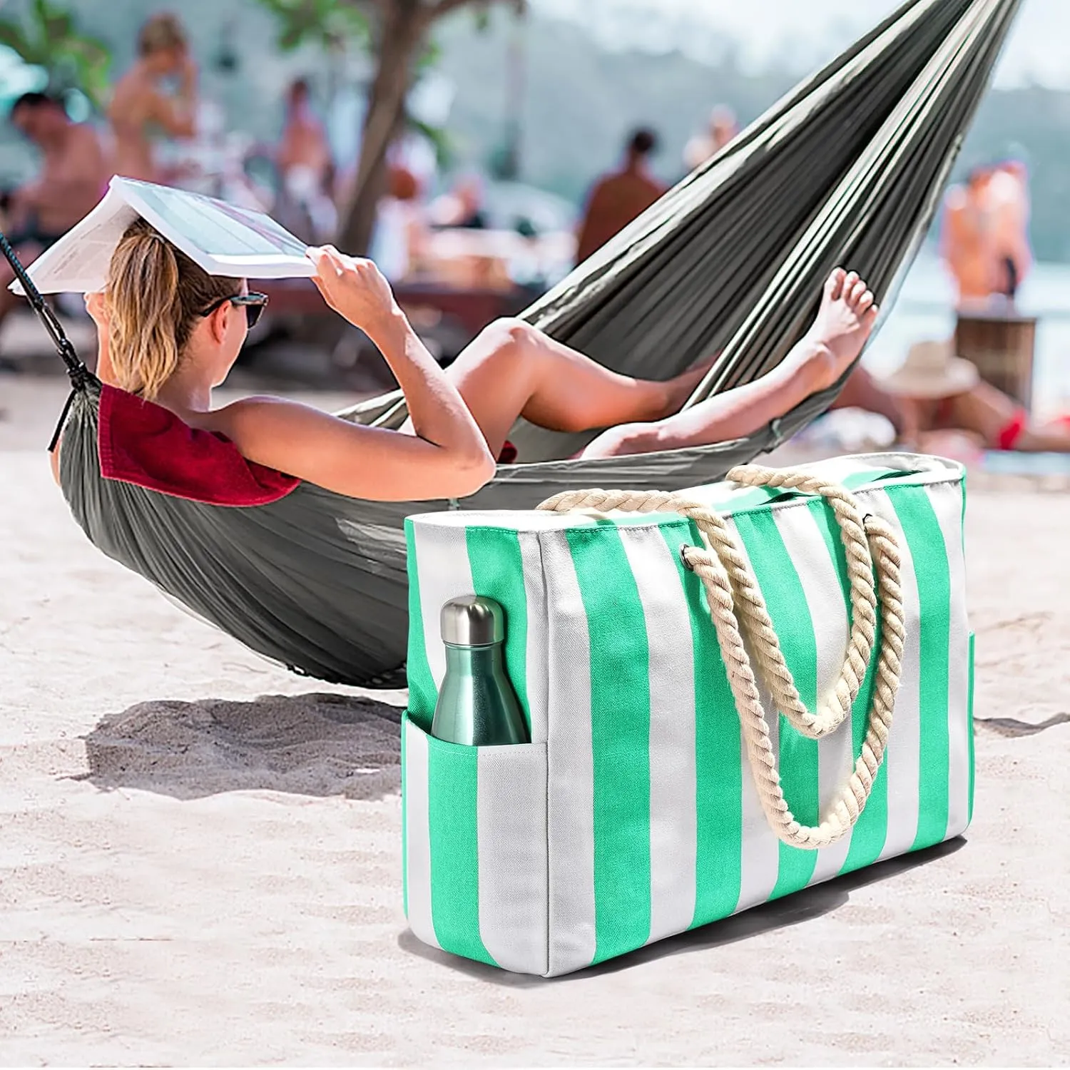 Becokan Women's Pool Swim Bag - Waterproof Sandproof Large Stripe Beach Tote with Zipper