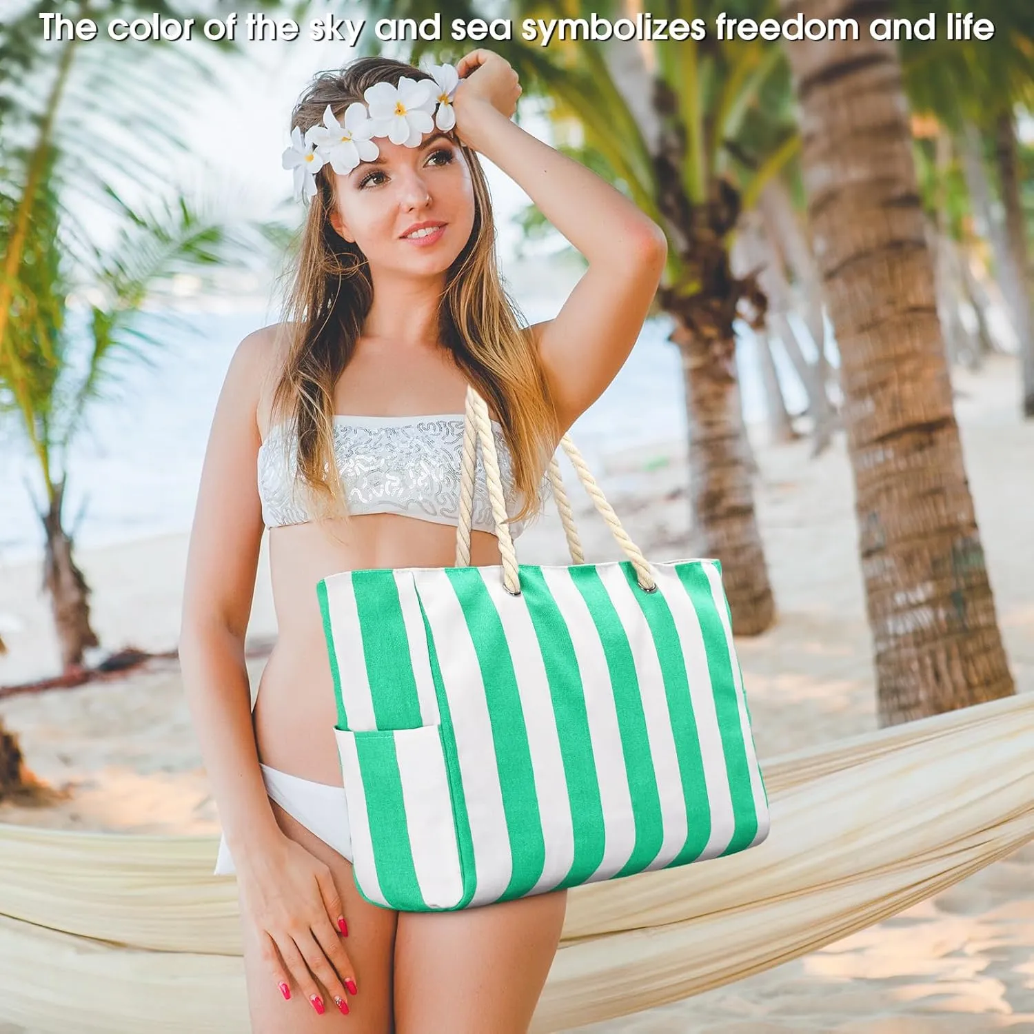 Becokan Women's Pool Swim Bag - Waterproof Sandproof Large Stripe Beach Tote with Zipper
