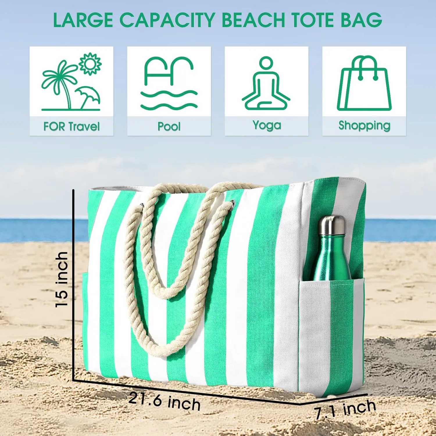 Becokan Women's Pool Swim Bag - Waterproof Sandproof Large Stripe Beach Tote with Zipper