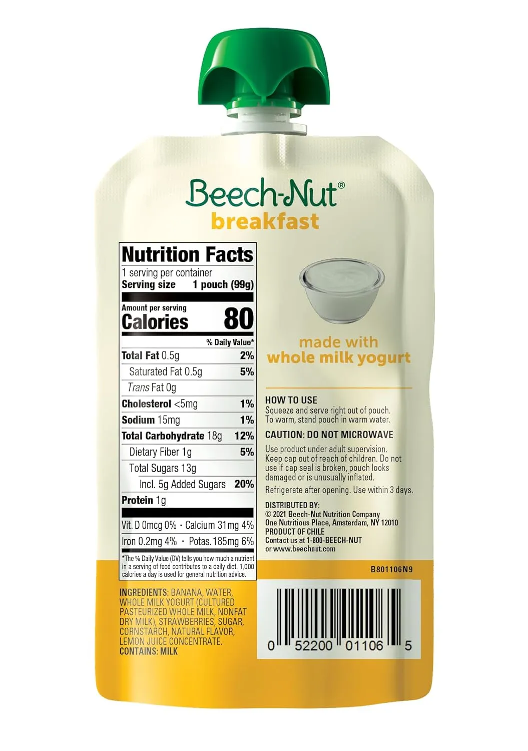 Beech-Nut Toddler Food Breakfast Pouches,Yogurt Banana & Strawberry Puree, 3.5 oz (12 Pack)