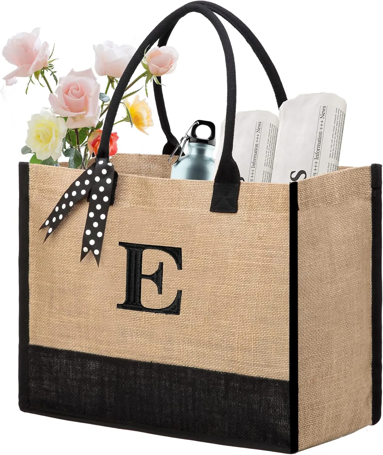 BeeGreen Initial Canvas/Jute Tote Bag Personalized Bag for Wedding, Birthday, Beach, Gift for Women, Mom, Teacher,Friend