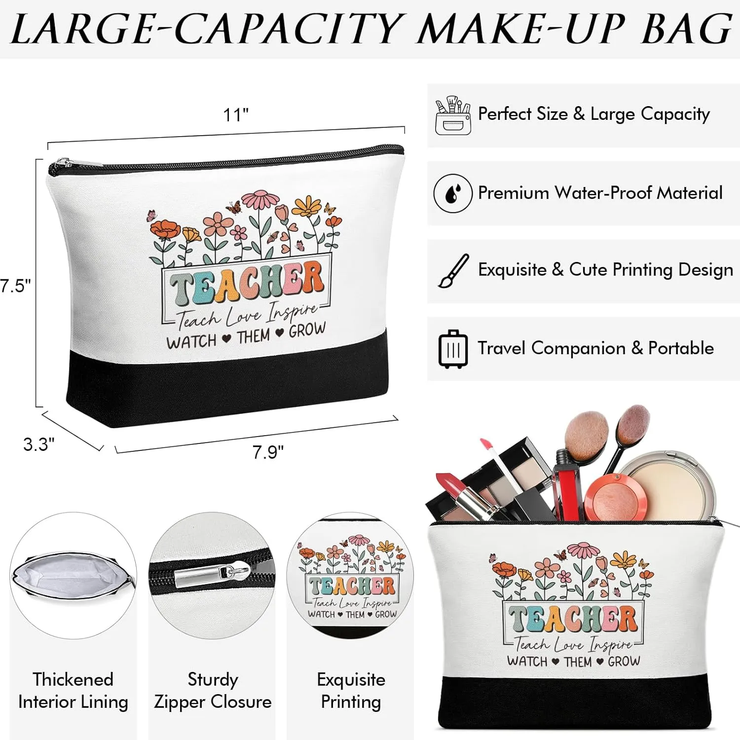 Best Teacher Appreciation Gifts for Women, End of Year Teacher Gifts from Student, Retirement Birthday Thank You Gifts Set for Teachers w/ Canvas Tote Bag & Makeup Bag Funny Daycare Teacher Gifts