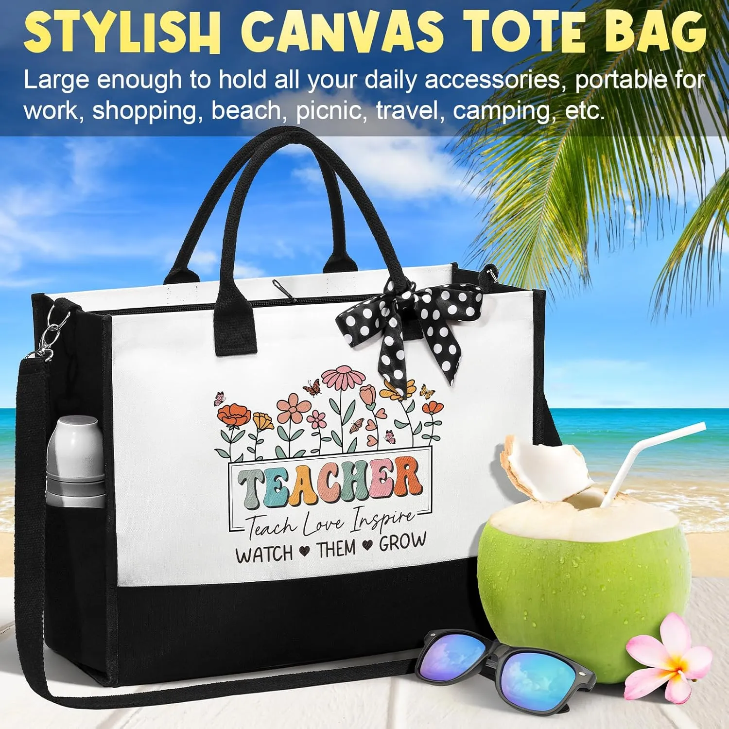 Best Teacher Appreciation Gifts for Women, End of Year Teacher Gifts from Student, Retirement Birthday Thank You Gifts Set for Teachers w/ Canvas Tote Bag & Makeup Bag Funny Daycare Teacher Gifts