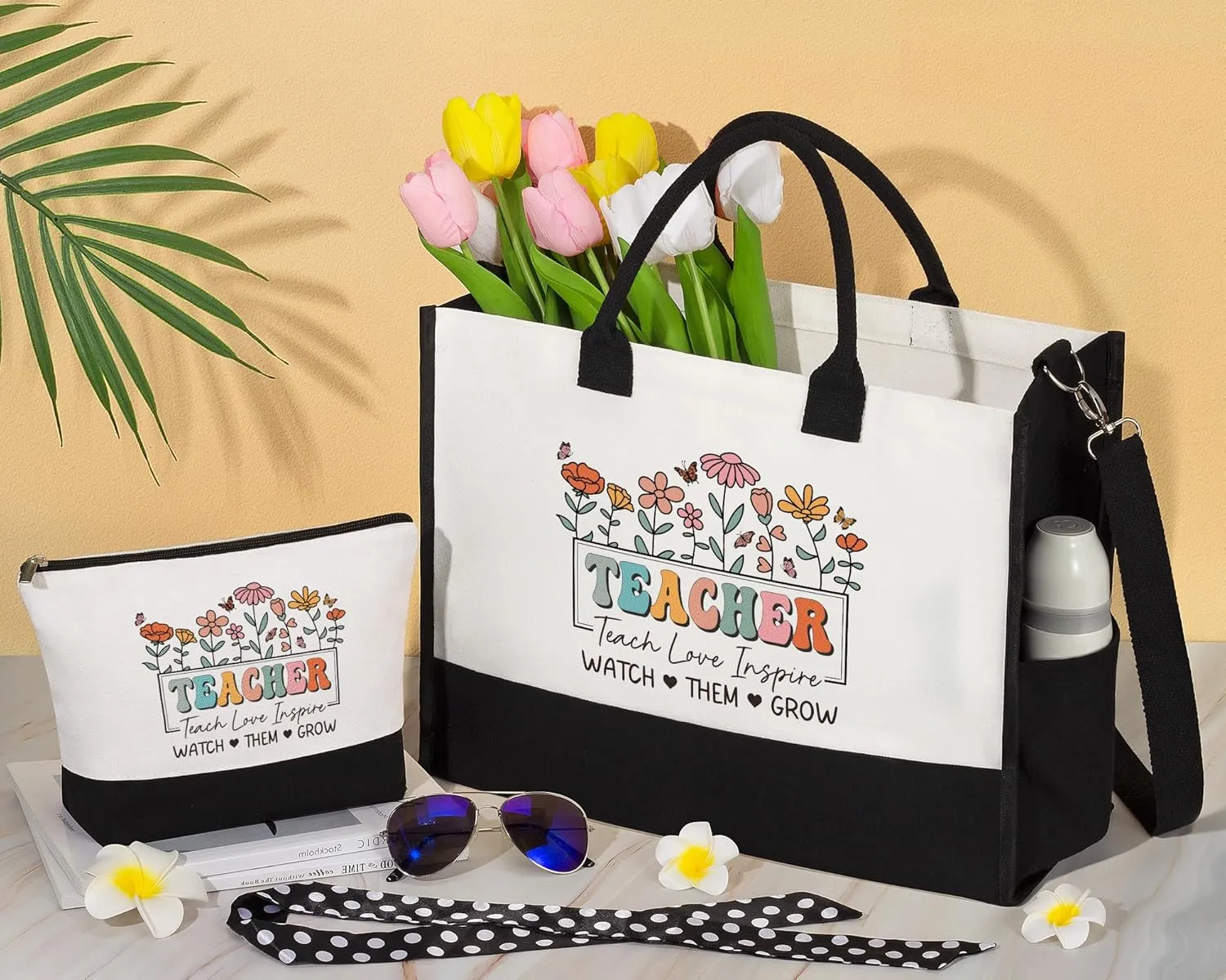 Best Teacher Appreciation Gifts for Women, End of Year Teacher Gifts from Student, Retirement Birthday Thank You Gifts Set for Teachers w/ Canvas Tote Bag & Makeup Bag Funny Daycare Teacher Gifts