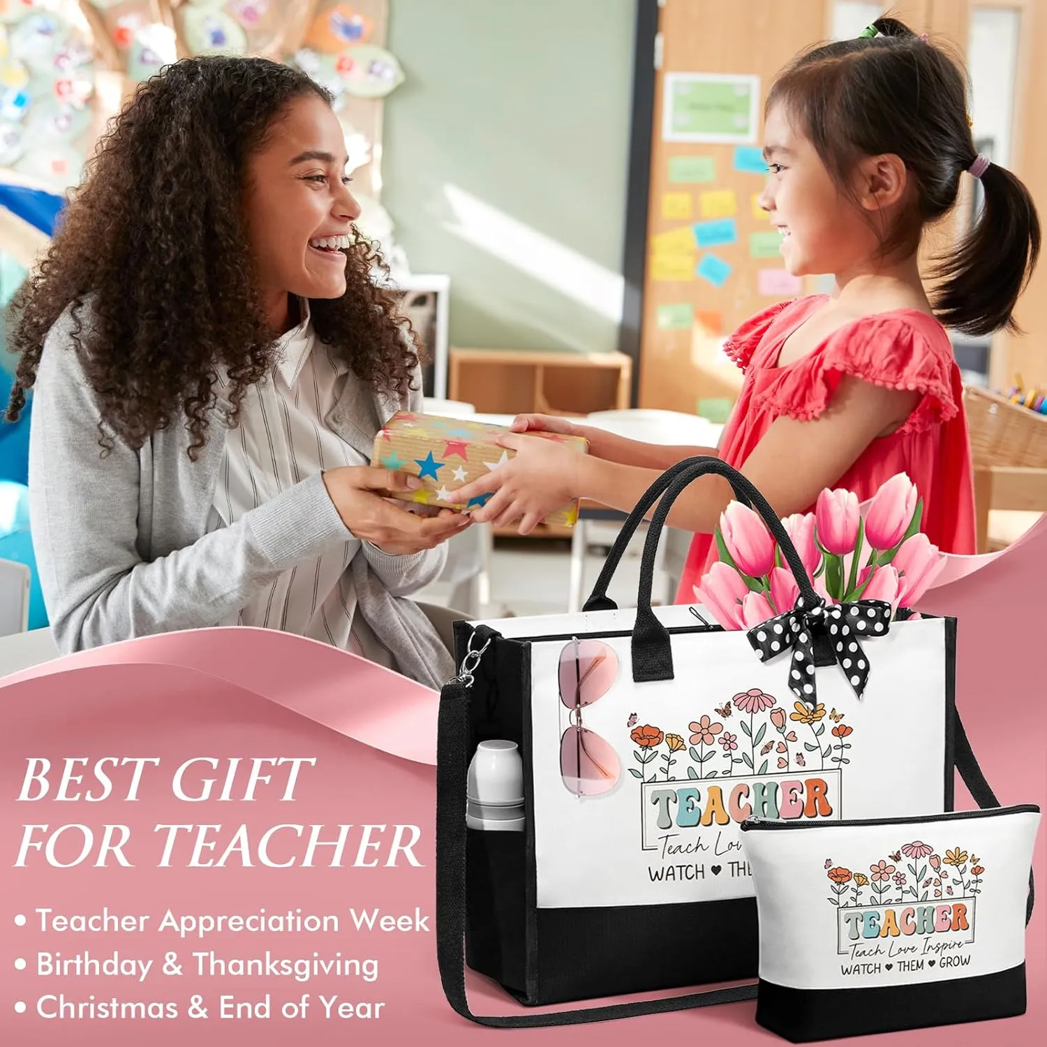 Best Teacher Appreciation Gifts for Women, End of Year Teacher Gifts from Student, Retirement Birthday Thank You Gifts Set for Teachers w/ Canvas Tote Bag & Makeup Bag Funny Daycare Teacher Gifts