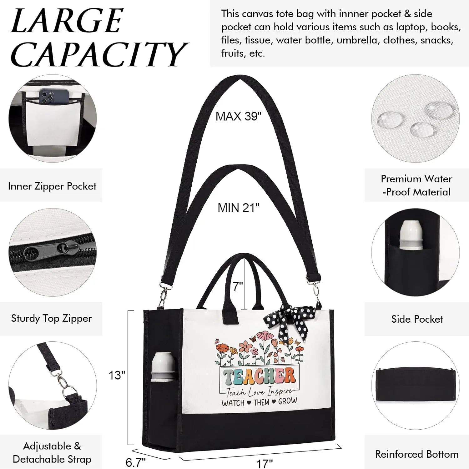 Best Teacher Appreciation Gifts for Women, End of Year Teacher Gifts from Student, Retirement Birthday Thank You Gifts Set for Teachers w/ Canvas Tote Bag & Makeup Bag Funny Daycare Teacher Gifts