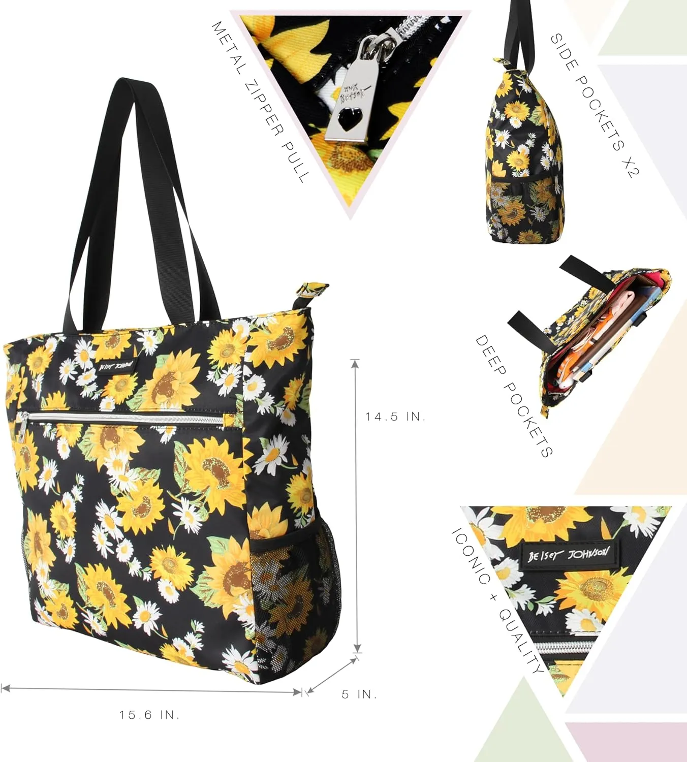 Betsey Johnson 15.6 Inch Zipper Beach Tote Bag Lightweight Large Durable Polyester with Mesh Side Pockets for Gym Work