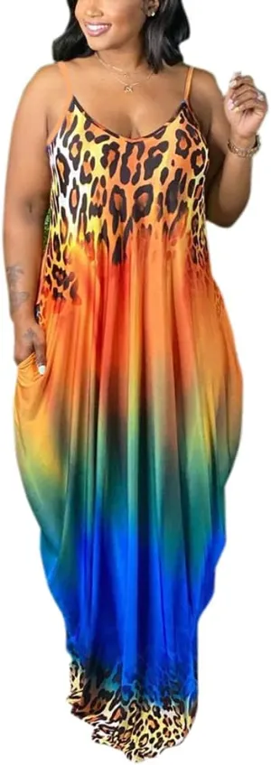 BFFBABY Womens Summer Suspender Maxi Dress Plus Size Striped Printed Sleeveless with Pockets and Belt