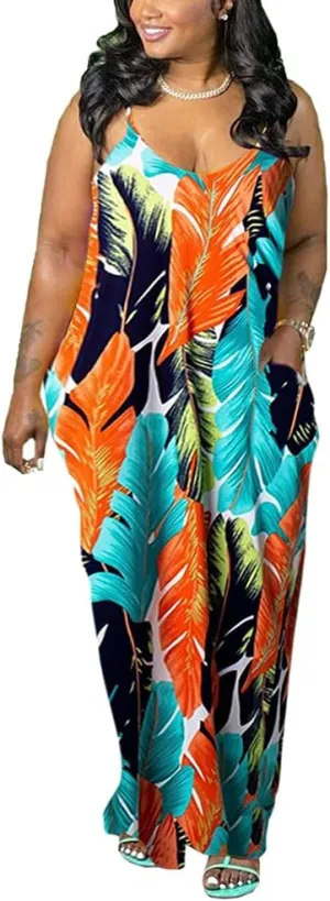 BFFBABY Womens Summer Suspender Maxi Dress Plus Size Striped Printed Sleeveless with Pockets and Belt