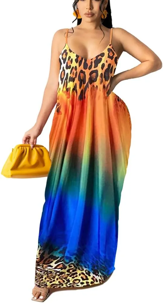 BFFBABY Womens Summer Suspender Maxi Dress Plus Size Striped Printed Sleeveless with Pockets and Belt