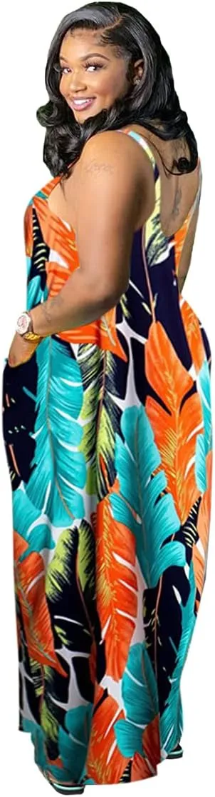 BFFBABY Womens Summer Suspender Maxi Dress Plus Size Striped Printed Sleeveless with Pockets and Belt