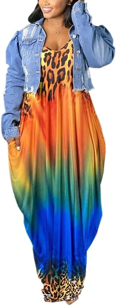 BFFBABY Womens Summer Suspender Maxi Dress Plus Size Striped Printed Sleeveless with Pockets and Belt