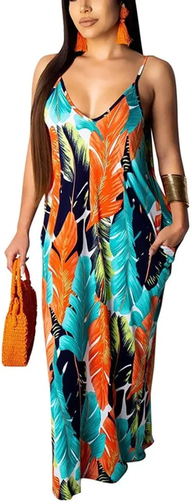 BFFBABY Womens Summer Suspender Maxi Dress Plus Size Striped Printed Sleeveless with Pockets and Belt