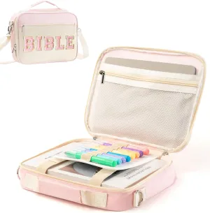 Bible Cover Case with Large Chenille Letter, Pink Bible Holder Bag with Shoulder Strap,Cute Bible Carrying Tote Cases for Women Teen Girls (Pink)