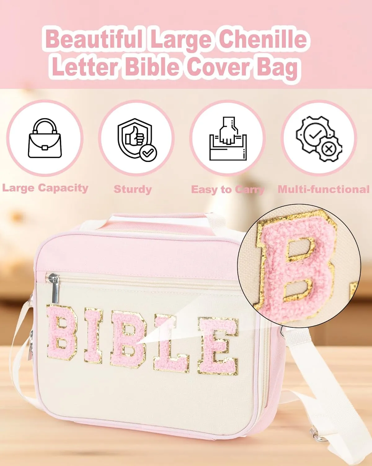 Bible Cover Case with Large Chenille Letter, Pink Bible Holder Bag with Shoulder Strap,Cute Bible Carrying Tote Cases for Women Teen Girls (Pink)