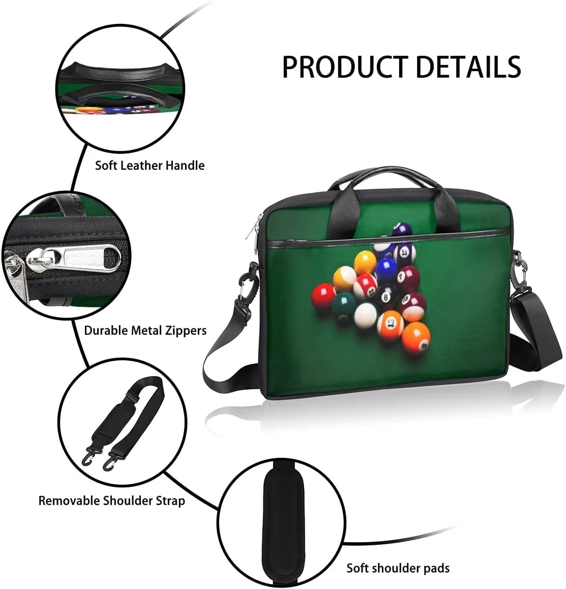 Billiards Sport Laptop Shoulder Messenger Bag Waterproof Laptop Briefcase with Handle and Padded Strap Case Sleeve