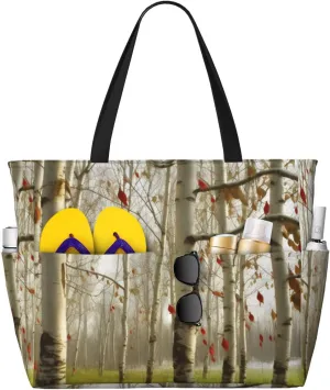 Birch Trees Beach Bags For Women Large Waterproof Sandproof Beach Tote Bag Pool Bag Lightweight Zipper Carry On Bags For Gym Travel Vocation