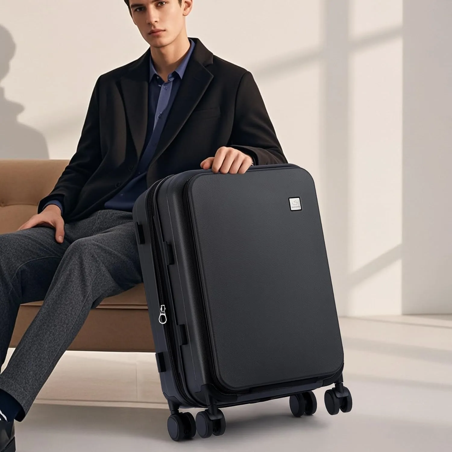 BISON DENIM 20 Inch Carry On Luggage, PC Lightweight Hardside Expandable Carry-On Luggage Airline Approved With Spinner Wheels, Front Compartment, Cup Holde, TSA-approved Lock, USB Port, Black