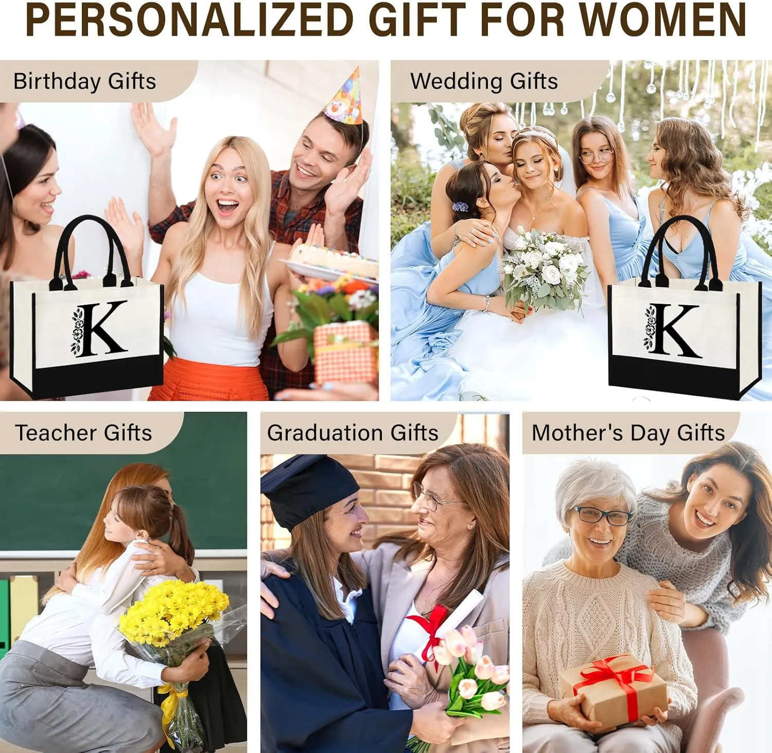 BiuNiuring Initial Canvas Tote Bag Gifts for Women, Personalized Monogrammed Birthday Christmas Gifts for Women Mom Friends Sister, Wedding Bridal Shower Bachelorette Bride Bridesmaid Tote Bag