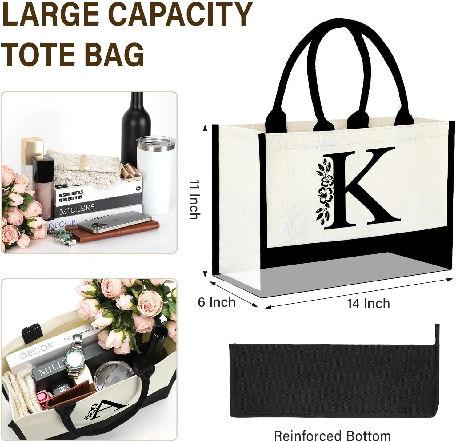 BiuNiuring Initial Canvas Tote Bag Gifts for Women, Personalized Monogrammed Birthday Christmas Gifts for Women Mom Friends Sister, Wedding Bridal Shower Bachelorette Bride Bridesmaid Tote Bag