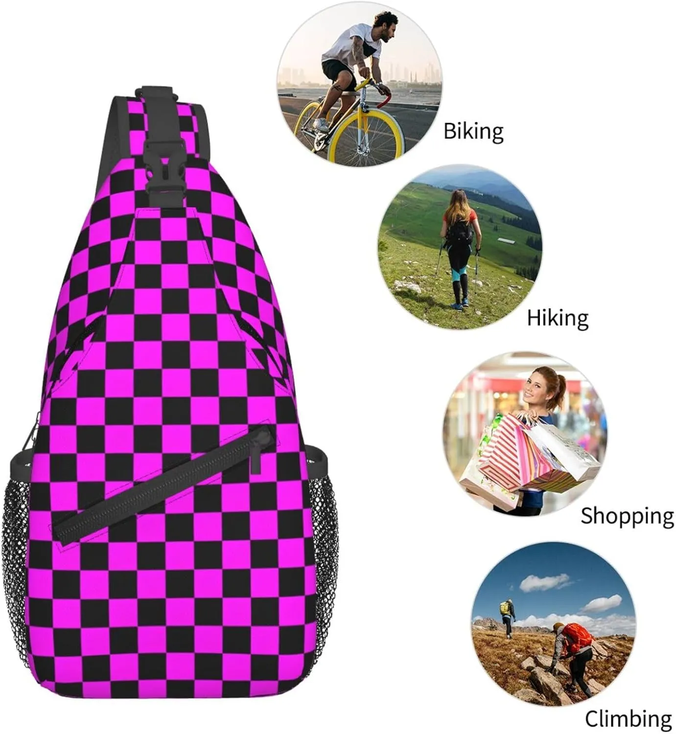 Black And Pink Plaid Race Chest Sling Bag Crossbody Shoulder Backpack Bag Gym Cycling Daypack Travel Hiking Cross Bag