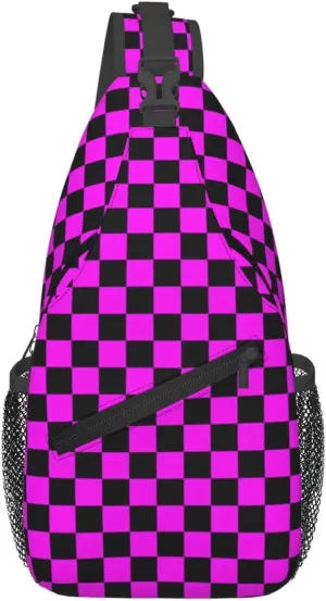 Black And Pink Plaid Race Chest Sling Bag Crossbody Shoulder Backpack Bag Gym Cycling Daypack Travel Hiking Cross Bag