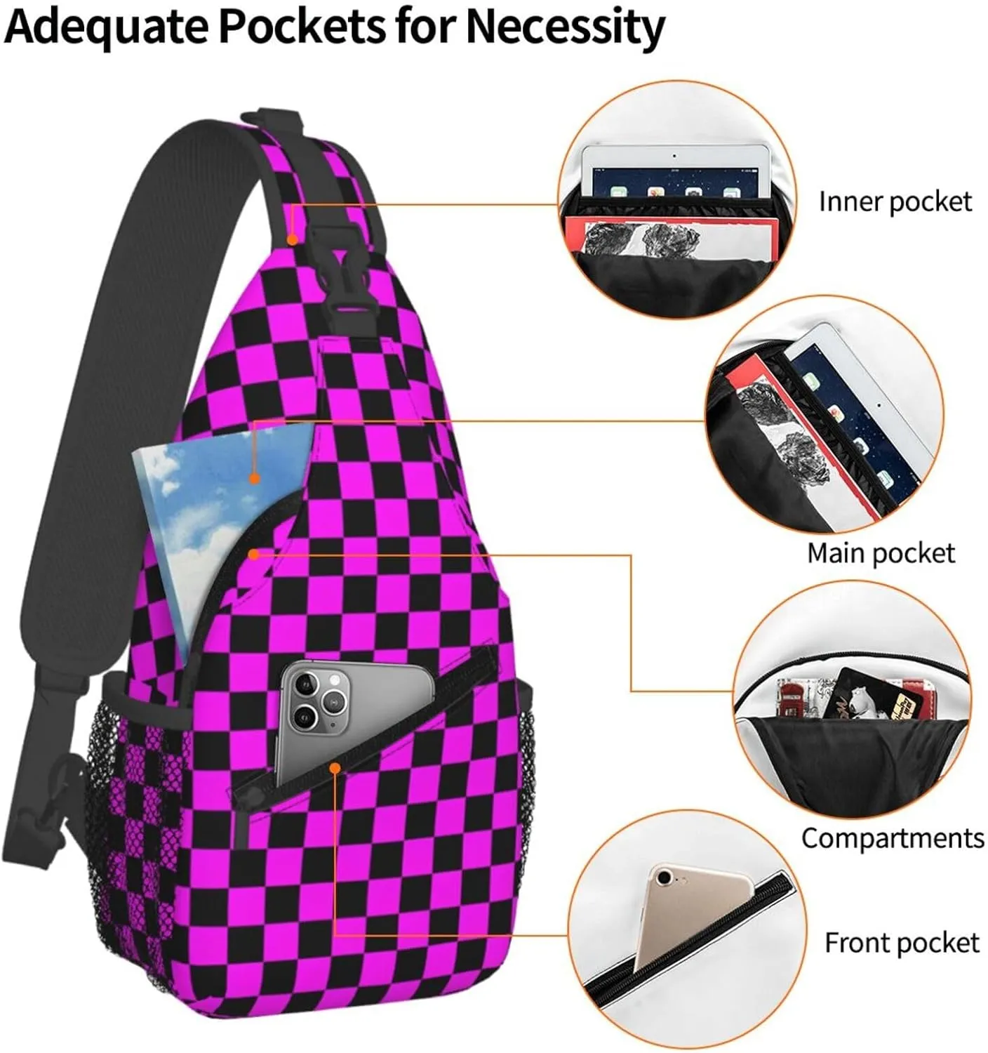 Black And Pink Plaid Race Chest Sling Bag Crossbody Shoulder Backpack Bag Gym Cycling Daypack Travel Hiking Cross Bag
