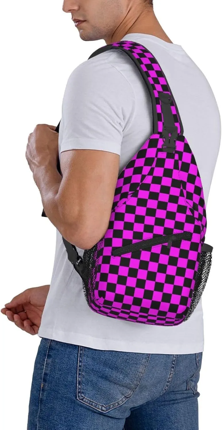 Black And Pink Plaid Race Chest Sling Bag Crossbody Shoulder Backpack Bag Gym Cycling Daypack Travel Hiking Cross Bag