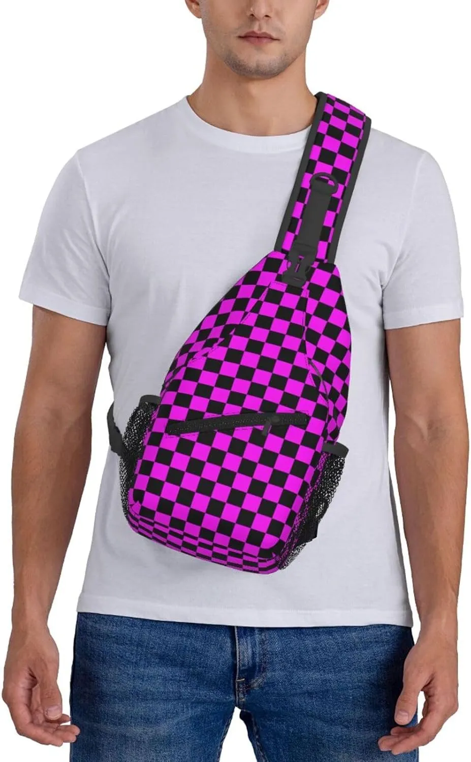 Black And Pink Plaid Race Chest Sling Bag Crossbody Shoulder Backpack Bag Gym Cycling Daypack Travel Hiking Cross Bag