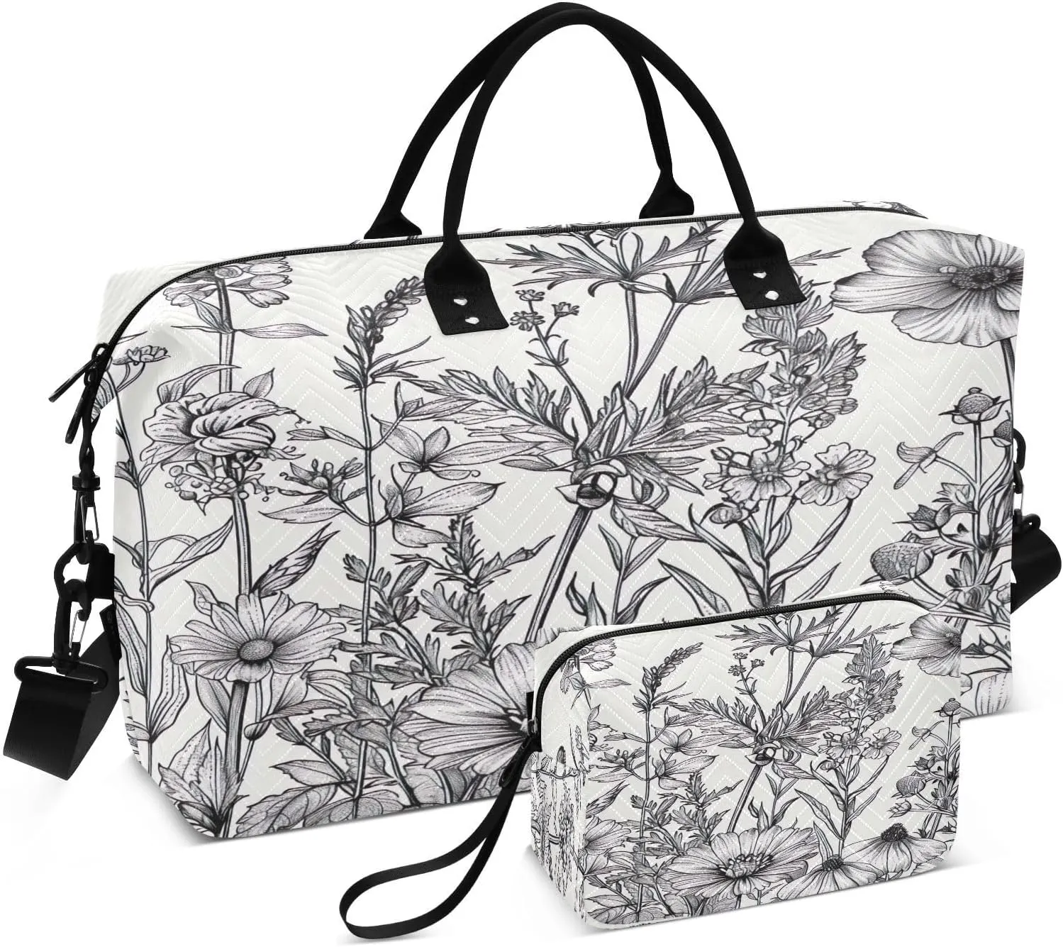 Black and White Flowers Travel Duffel Bag, Shoulder Weekender Overnight Bags - Large Gym Bag with Wet Pocket