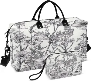 Black and White Flowers Travel Duffel Bag, Shoulder Weekender Overnight Bags - Large Gym Bag with Wet Pocket