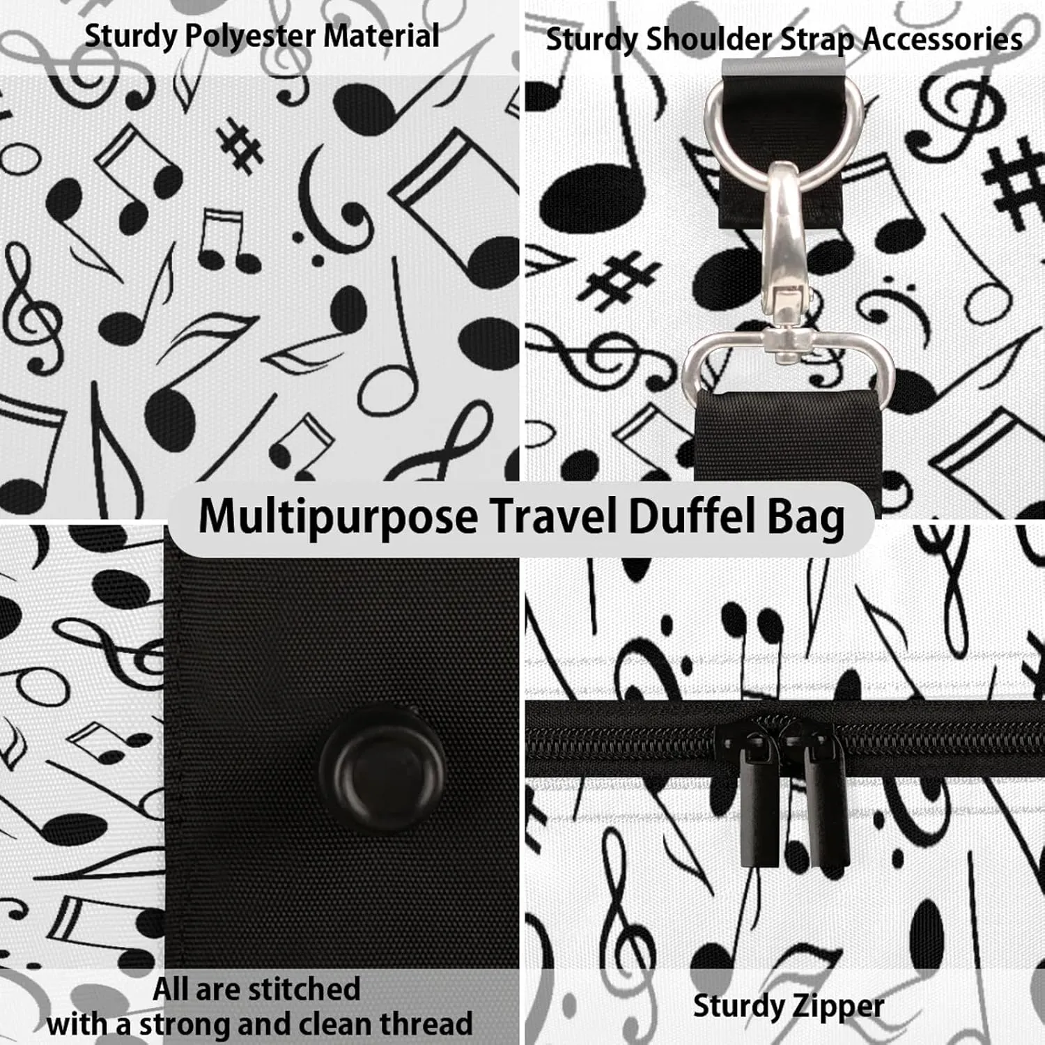 Black And White Music Travel Duffle Bag, Weekender Bags for Women Men Musical Notes Carry on Overnight Bag Waterproof Gym Bags, Hospital Bag for Labor and Delivery