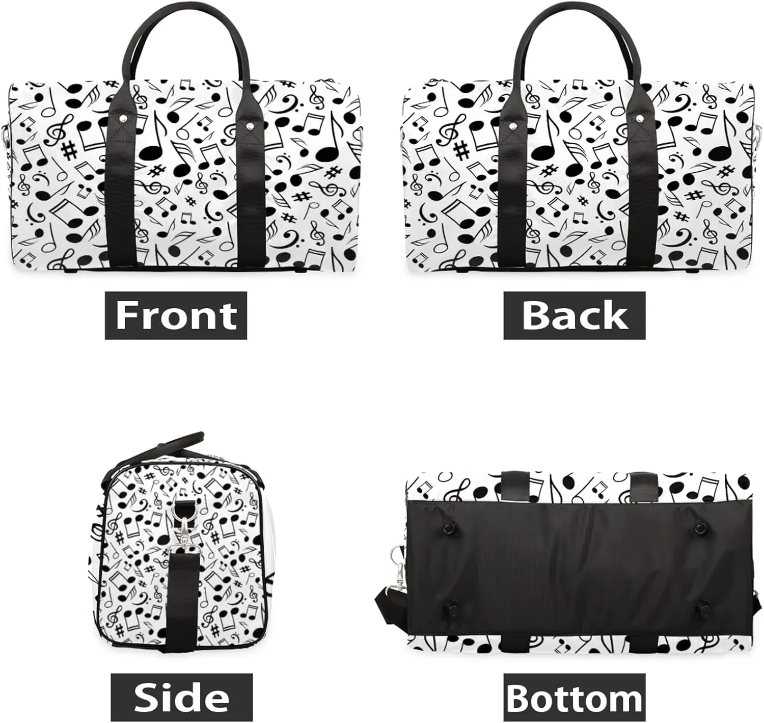 Black And White Music Travel Duffle Bag, Weekender Bags for Women Men Musical Notes Carry on Overnight Bag Waterproof Gym Bags, Hospital Bag for Labor and Delivery