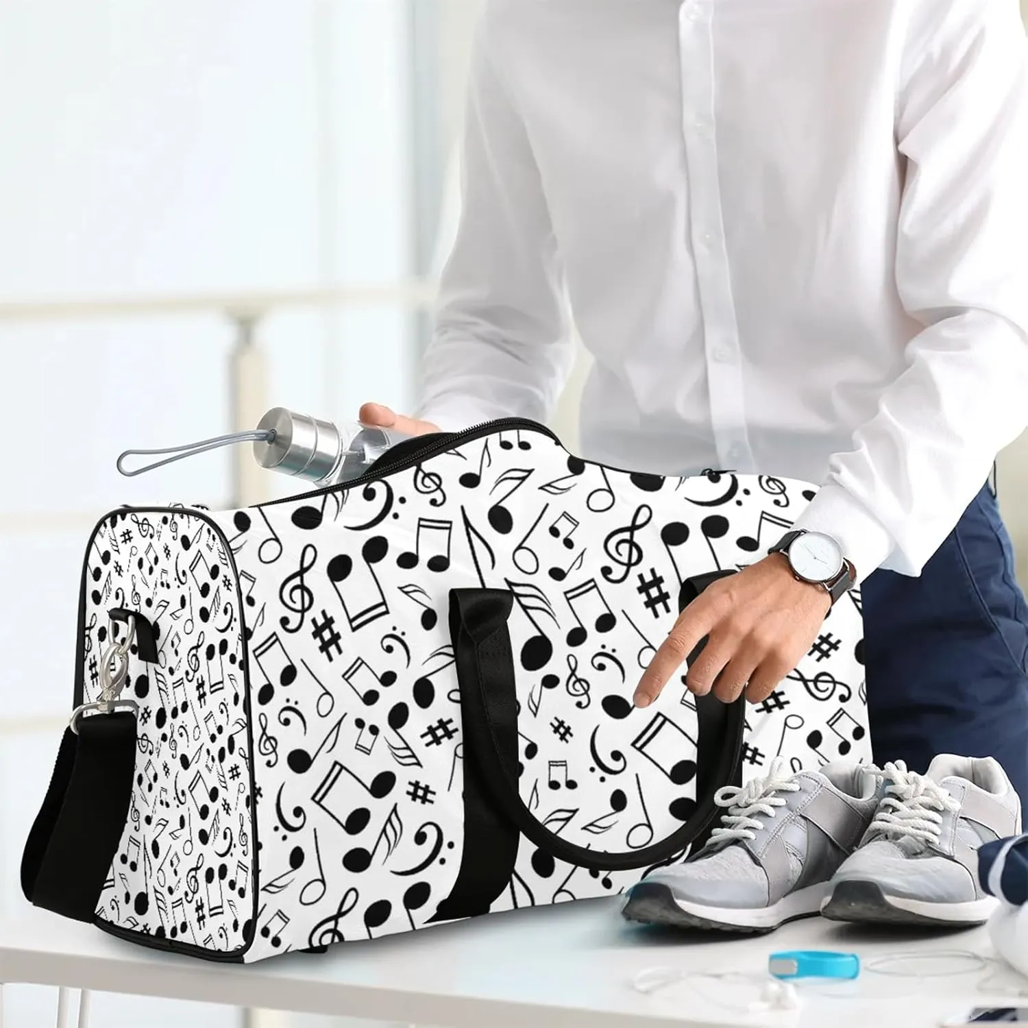 Black And White Music Travel Duffle Bag, Weekender Bags for Women Men Musical Notes Carry on Overnight Bag Waterproof Gym Bags, Hospital Bag for Labor and Delivery