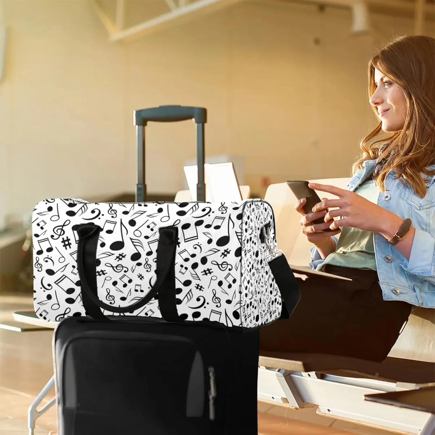 Black And White Music Travel Duffle Bag, Weekender Bags for Women Men Musical Notes Carry on Overnight Bag Waterproof Gym Bags, Hospital Bag for Labor and Delivery