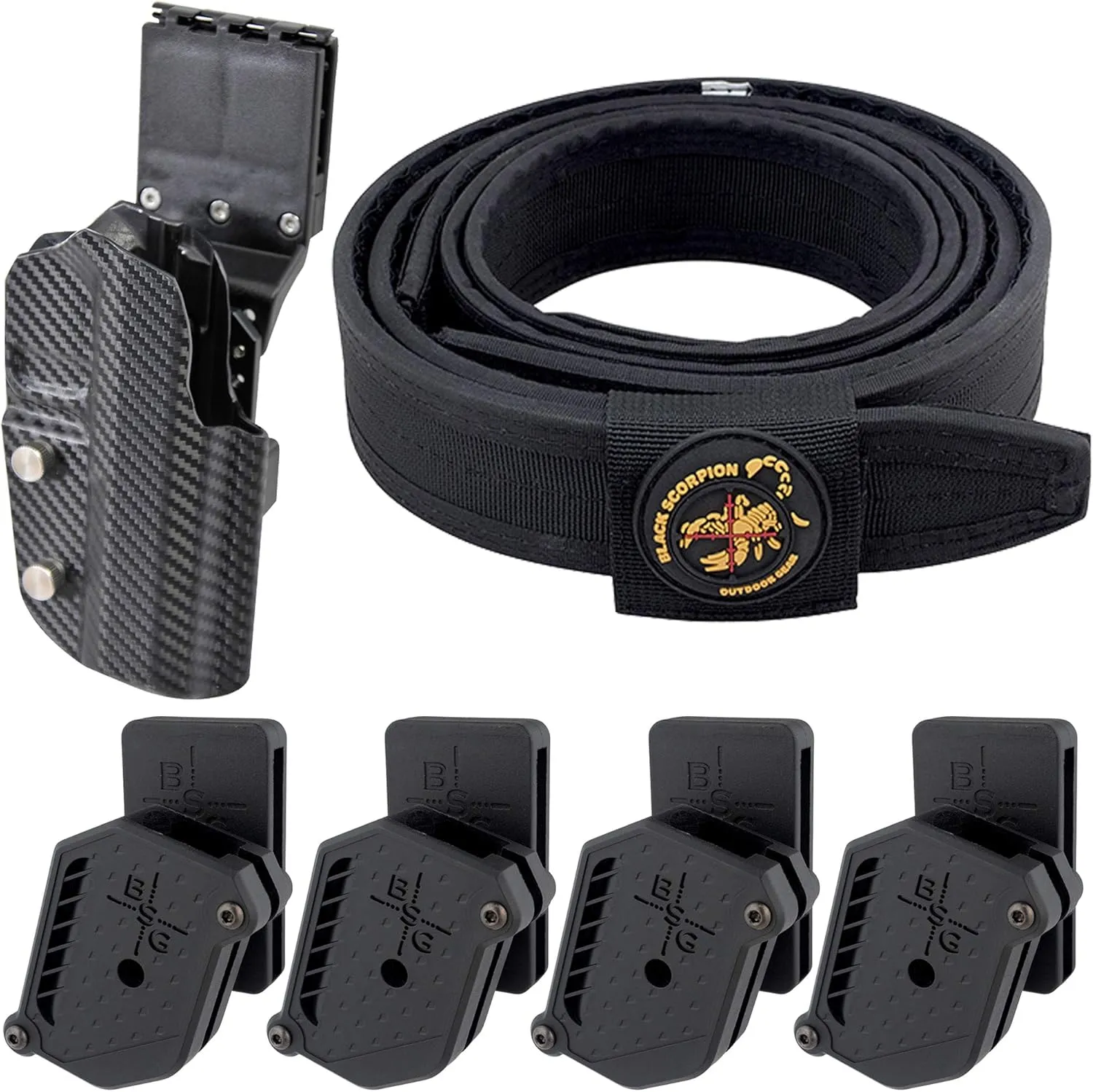 Black Scorpion Gear Competition Rig fits 1911 5'' w/o Rail | 1 Pro HD Belt, 1x Pro Comp Holster (CF), 4X Single Stack Mag Pouches IPSC USPSA Approved