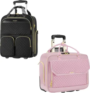 Black Underseat Carry On Luggage with Wheels & Pink Rolling Laptop Bag for Women