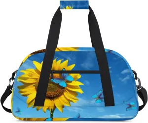Blue Butterflies Gym Duffel Bag for Men Women Sunflower Sports Tote Bag with Adjustable Shoulder Strap for Dance Gymnastics Traveling Outdoor Camping Overnight Stay