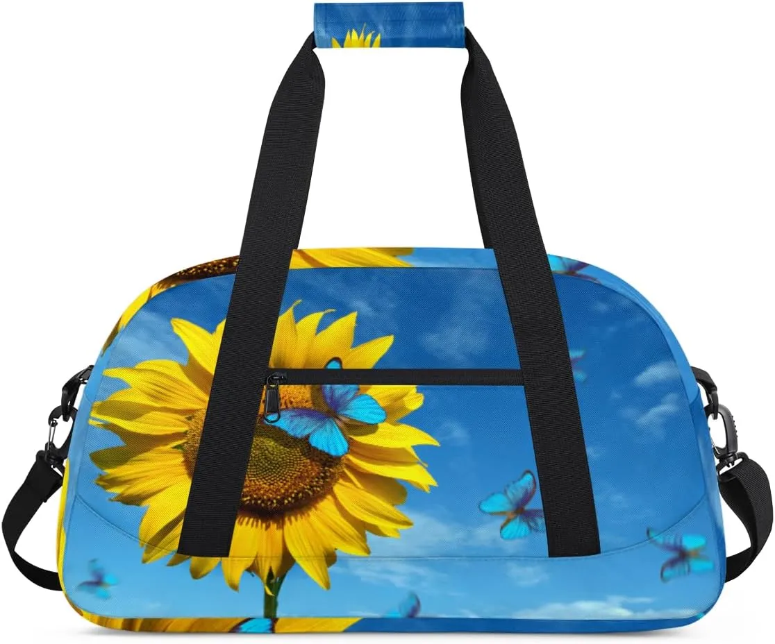 Blue Butterflies Gym Duffel Bag for Men Women Sunflower Sports Tote Bag with Adjustable Shoulder Strap for Dance Gymnastics Traveling Outdoor Camping Overnight Stay