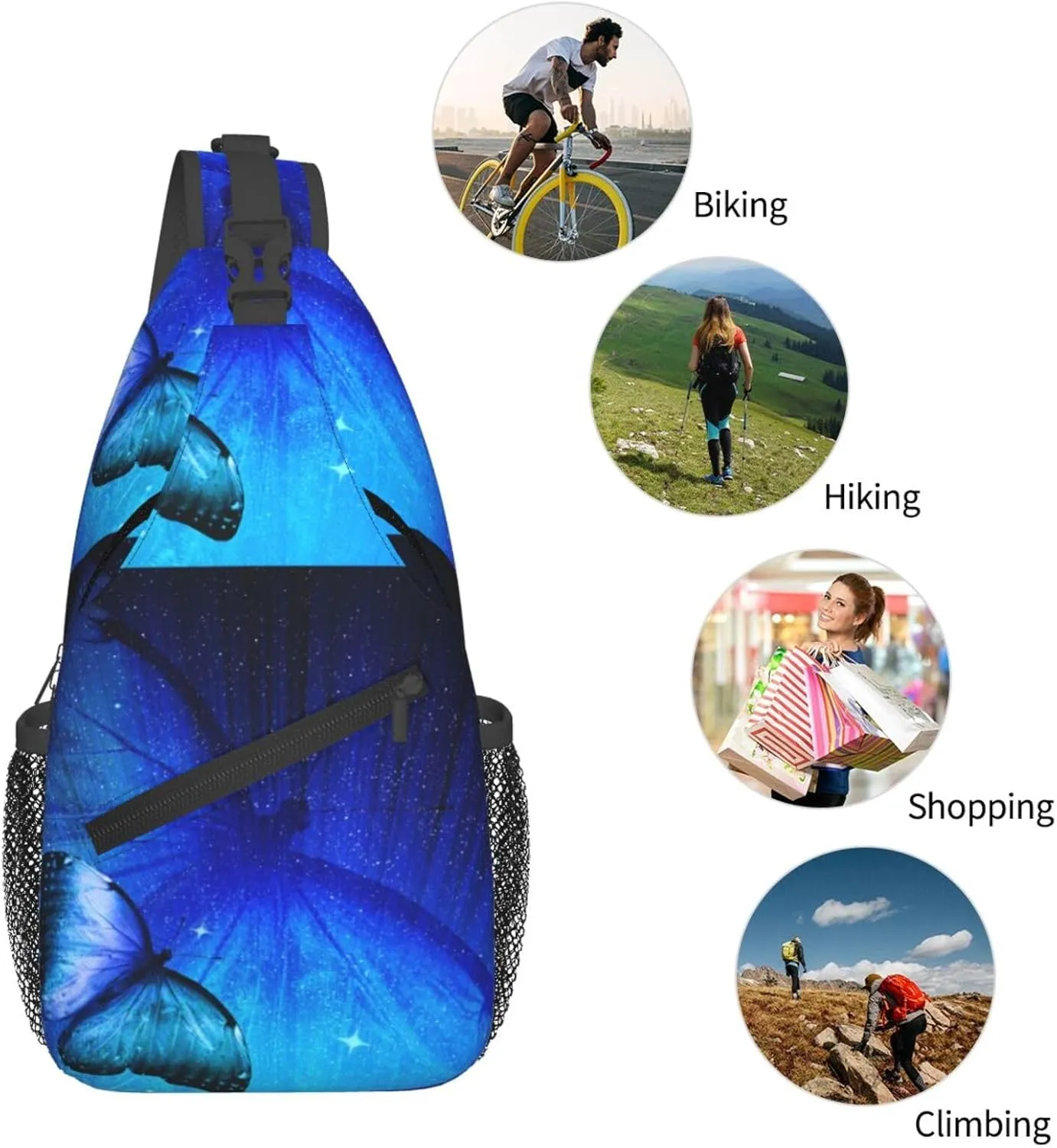 Blue Butterfly Chest Sling Bag Crossbody Shoulder Backpack Bag Gym Cycling Daypack Travel Hiking Cross Bag