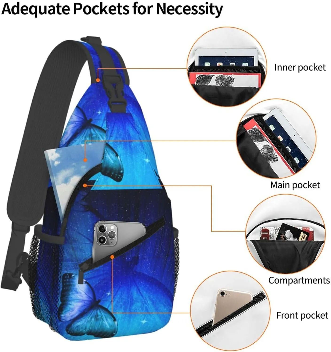 Blue Butterfly Chest Sling Bag Crossbody Shoulder Backpack Bag Gym Cycling Daypack Travel Hiking Cross Bag