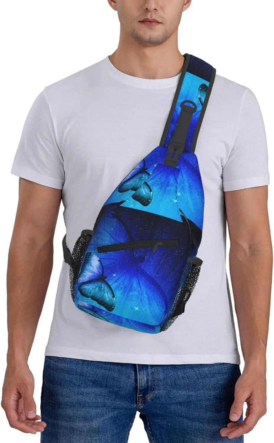 Blue Butterfly Chest Sling Bag Crossbody Shoulder Backpack Bag Gym Cycling Daypack Travel Hiking Cross Bag