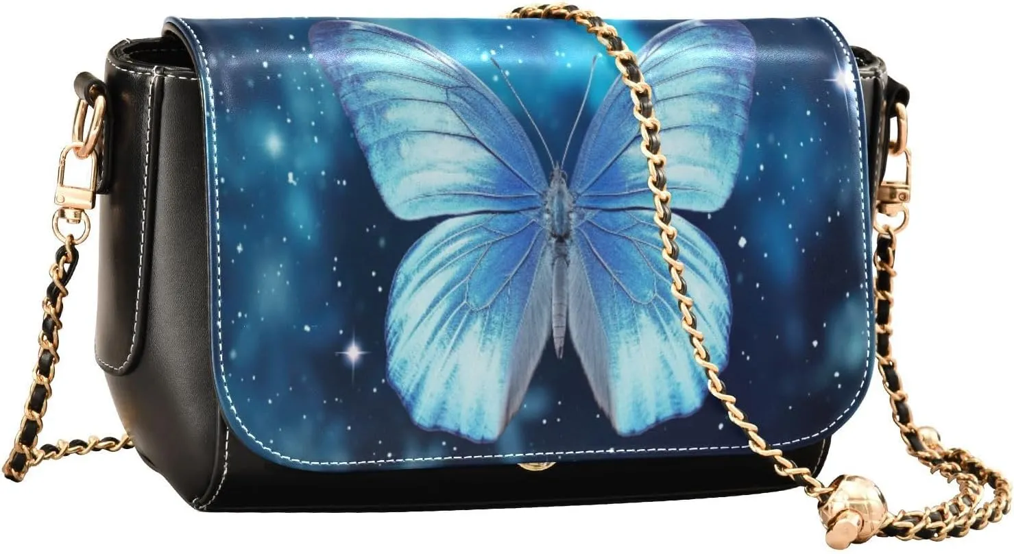 Blue Butterfly Flying in the Sky Leather Crossbody Purses for Women Trendy, Womens Medium Size Shoulder Bags