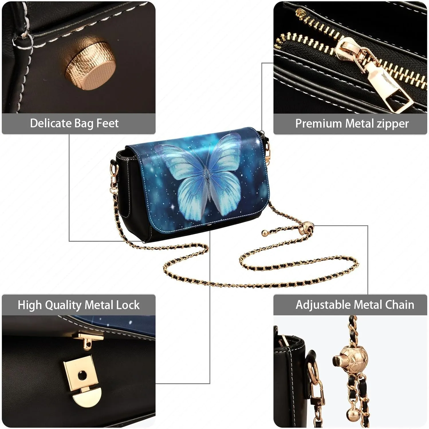Blue Butterfly Flying in the Sky Leather Crossbody Purses for Women Trendy, Womens Medium Size Shoulder Bags