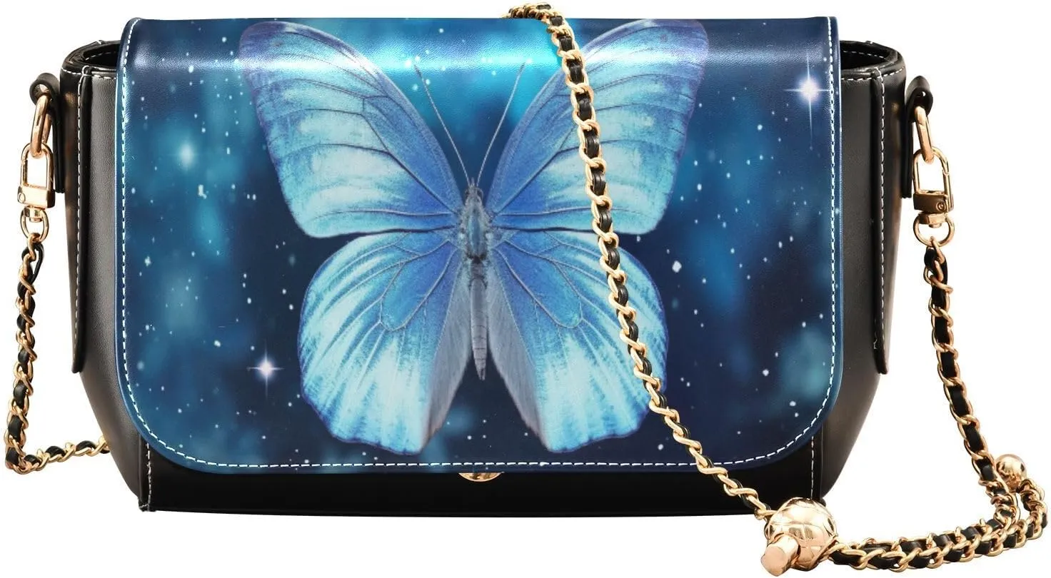 Blue Butterfly Flying in the Sky Leather Crossbody Purses for Women Trendy, Womens Medium Size Shoulder Bags