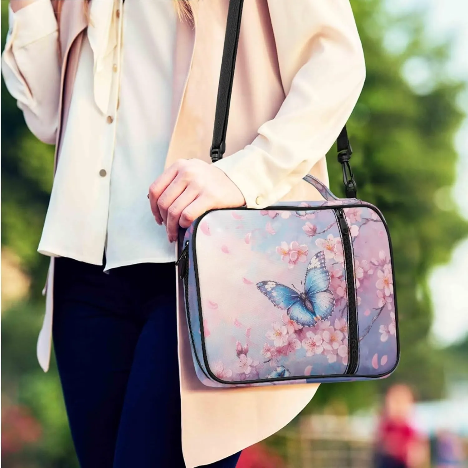 Blue Butterfly Graphic Bible Covers for Girls Casual Lightweight Church Bag Bible Carrying Case for Women with Shoulder Strap Kids Waterproof Bible Crossbody Bag with Leather Keychain